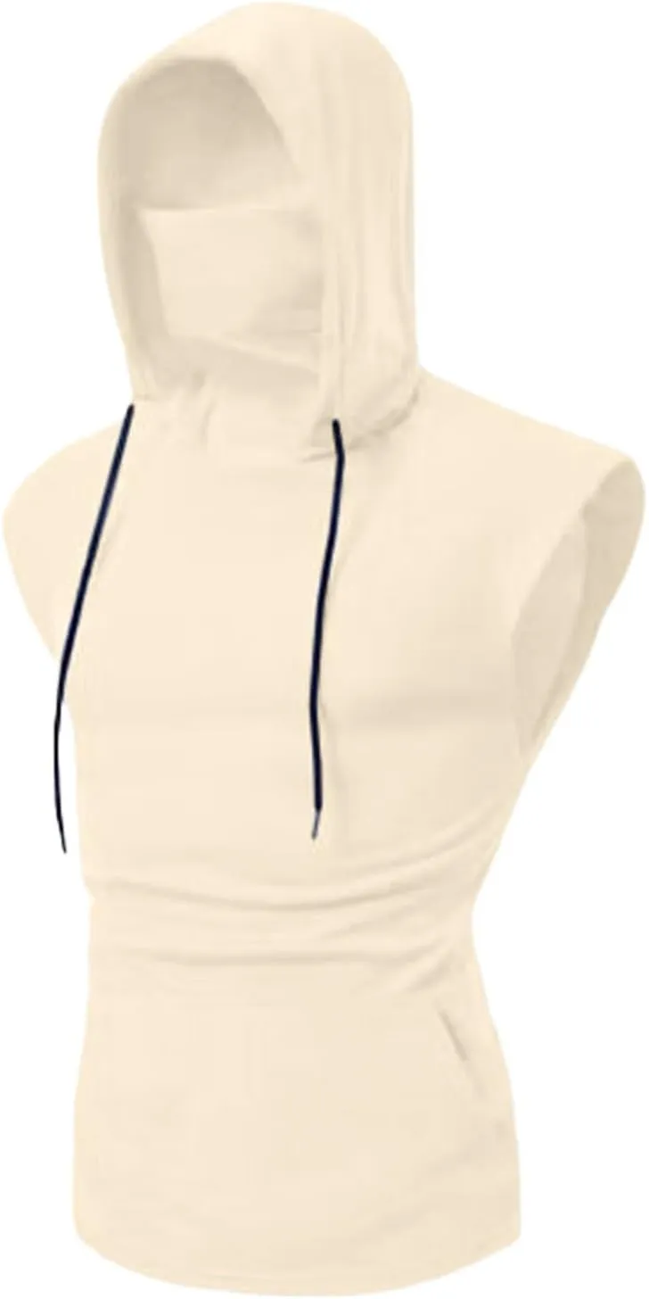 Sleeveless Hoodies for Men Mask Tank Tops Steampunk Hoodie Shirt with Bulit in Neck Gaiter Summer Gym Tee with Pocket