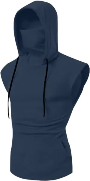 Sleeveless Hoodies for Men Mask Tank Tops Steampunk Hoodie Shirt with Bulit in Neck Gaiter Summer Gym Tee with Pocket