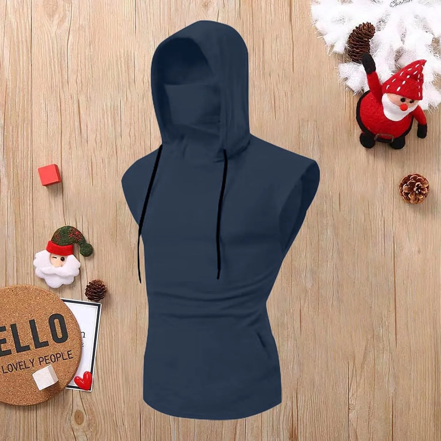 Sleeveless Hoodies for Men Mask Tank Tops Steampunk Hoodie Shirt with Bulit in Neck Gaiter Summer Gym Tee with Pocket