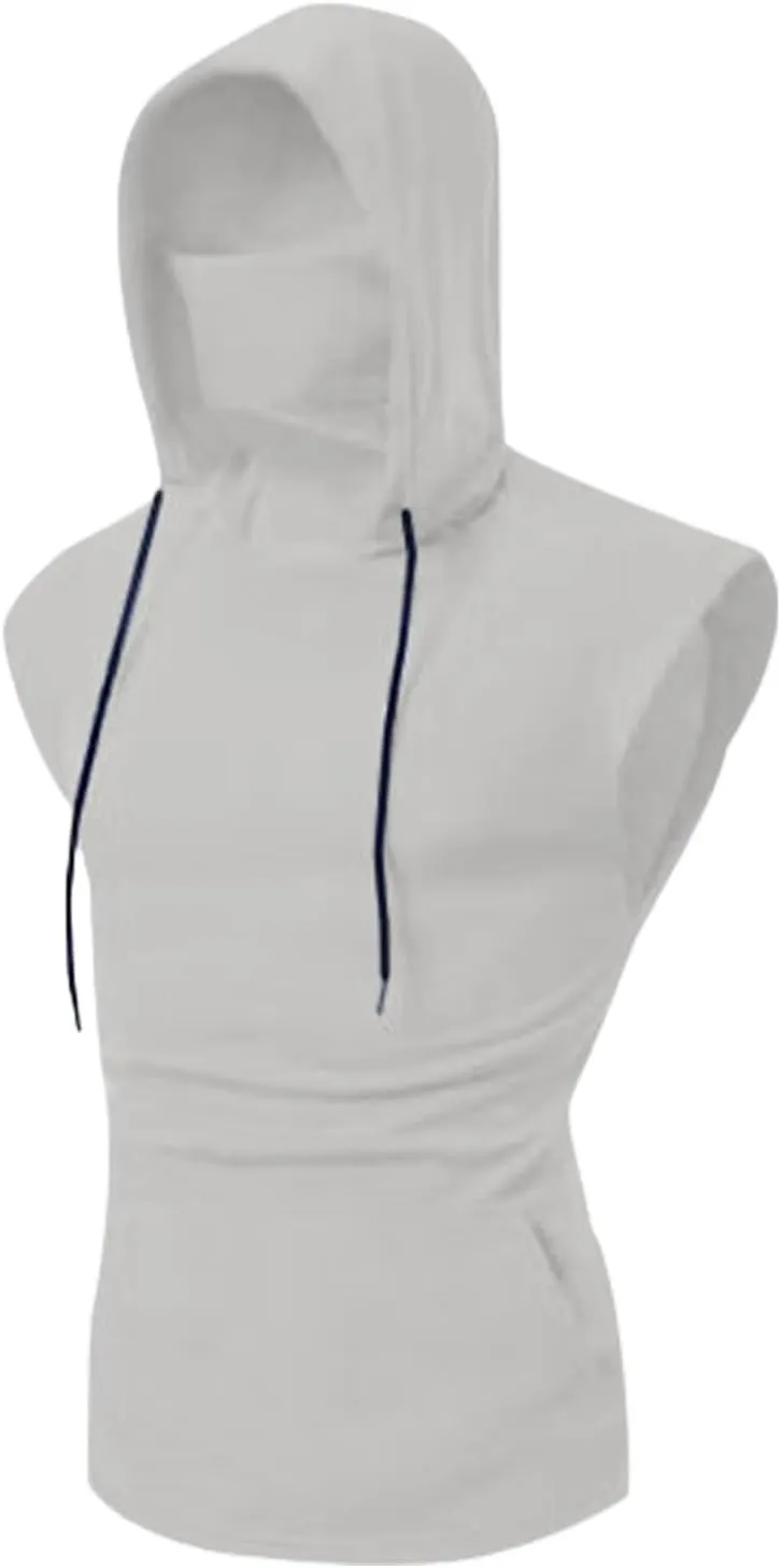 Sleeveless Hoodies for Men Mask Tank Tops Steampunk Hoodie Shirt with Bulit in Neck Gaiter Summer Gym Tee with Pocket