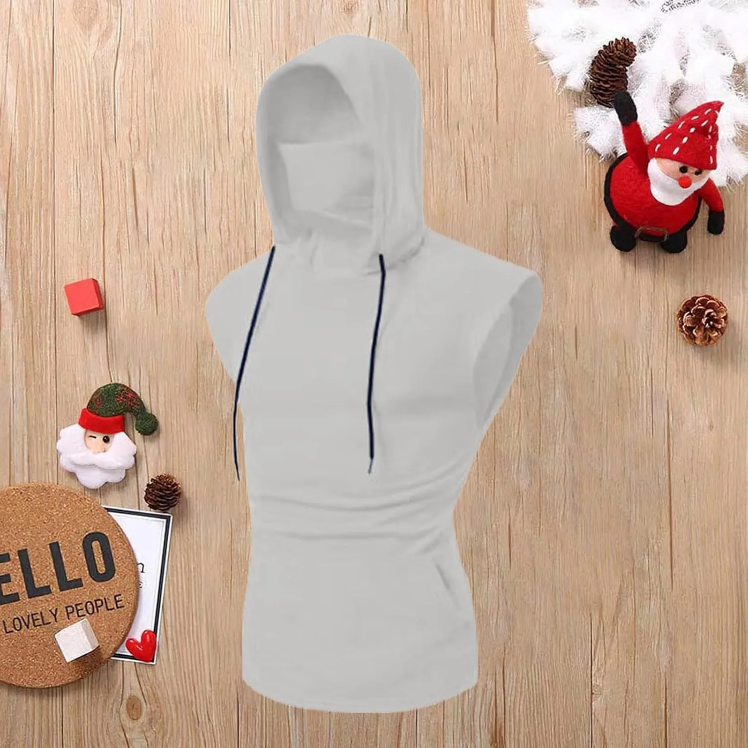 Sleeveless Hoodies for Men Mask Tank Tops Steampunk Hoodie Shirt with Bulit in Neck Gaiter Summer Gym Tee with Pocket