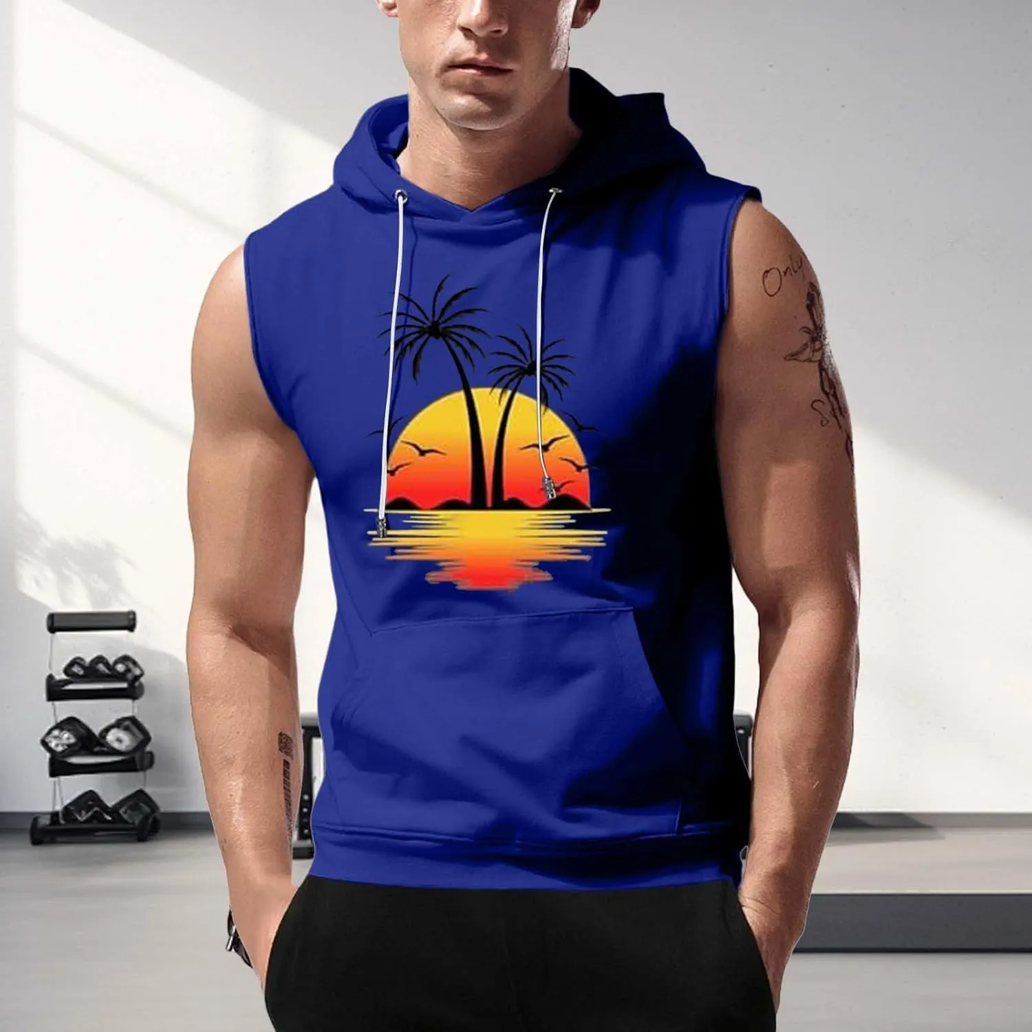 Sleeveless Hoodies for Men Palm Tree Print Hooded Tank Tops Summer Beach Muscle Shirts Causalhawaiian Gym Workout Tee