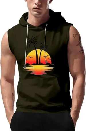 Sleeveless Hoodies for Men Palm Tree Print Hooded Tank Tops Summer Beach Muscle Shirts Causalhawaiian Gym Workout Tee