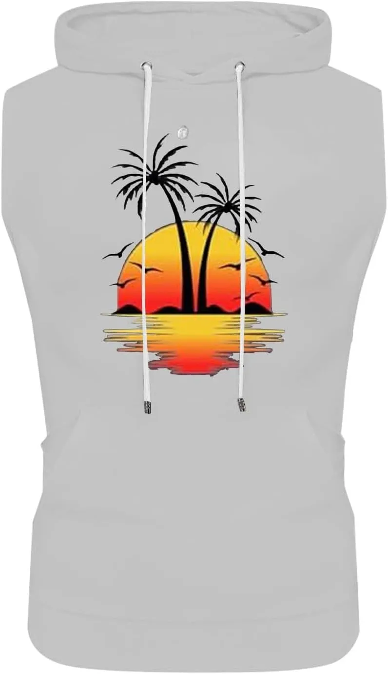 Sleeveless Hoodies for Men Palm Tree Print Hooded Tank Tops Summer Beach Muscle Shirts Causalhawaiian Gym Workout Tee