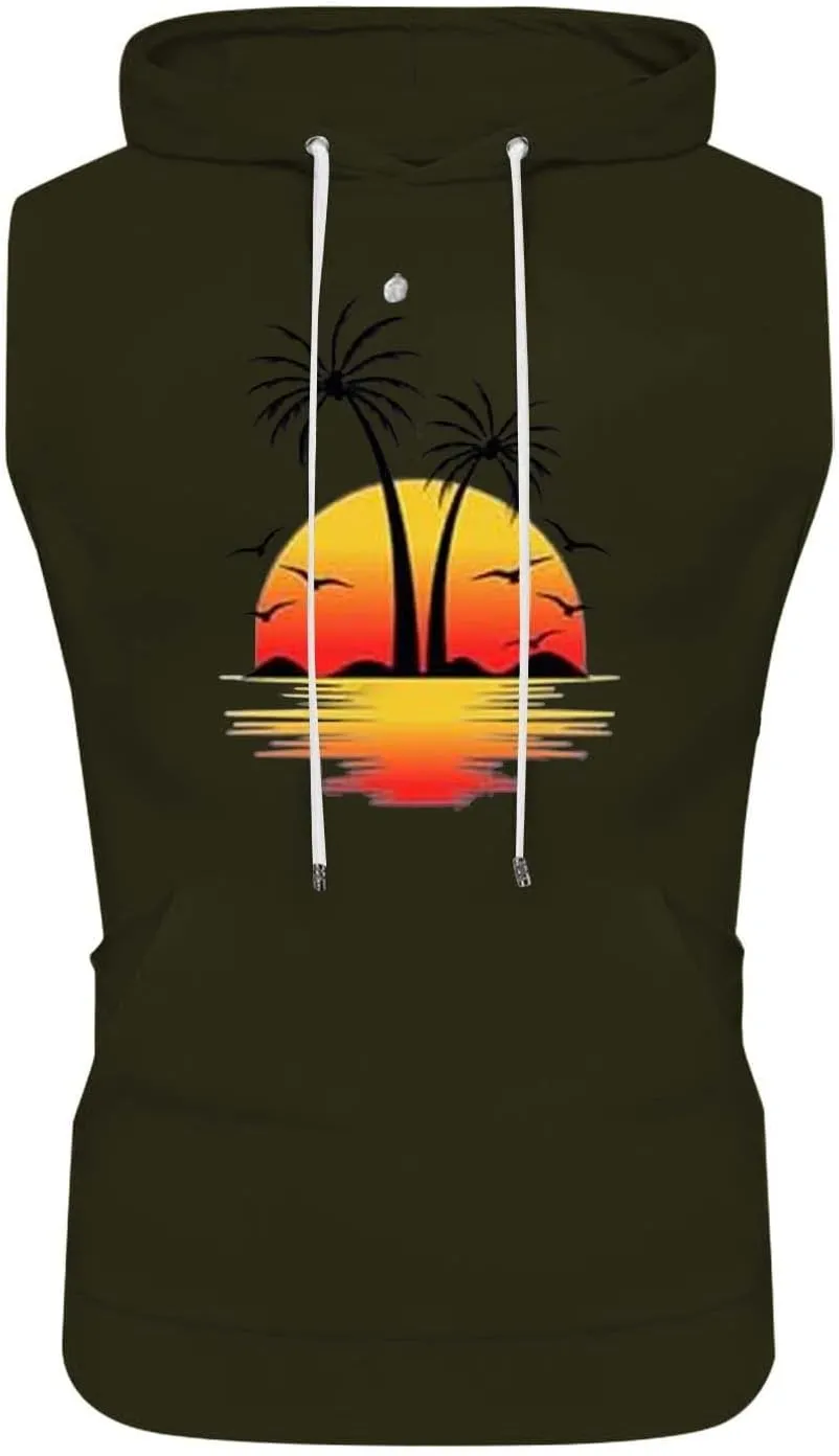 Sleeveless Hoodies for Men Palm Tree Print Hooded Tank Tops Summer Beach Muscle Shirts Causalhawaiian Gym Workout Tee