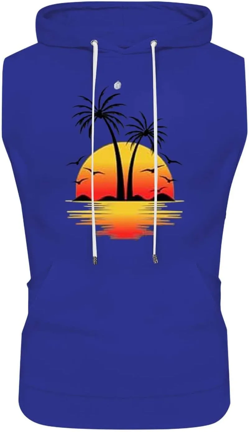 Sleeveless Hoodies for Men Palm Tree Print Hooded Tank Tops Summer Beach Muscle Shirts Causalhawaiian Gym Workout Tee