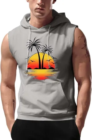 Sleeveless Hoodies for Men Palm Tree Print Hooded Tank Tops Summer Beach Muscle Shirts Causalhawaiian Gym Workout Tee