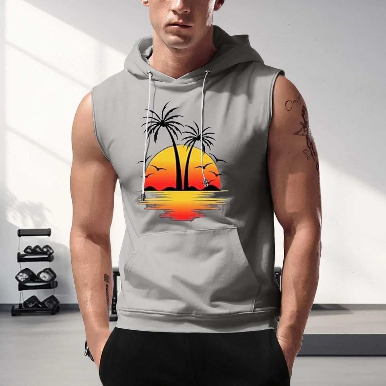 Sleeveless Hoodies for Men Palm Tree Print Hooded Tank Tops Summer Beach Muscle Shirts Causalhawaiian Gym Workout Tee