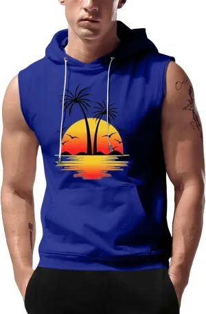Sleeveless Hoodies for Men Palm Tree Print Hooded Tank Tops Summer Beach Muscle Shirts Causalhawaiian Gym Workout Tee