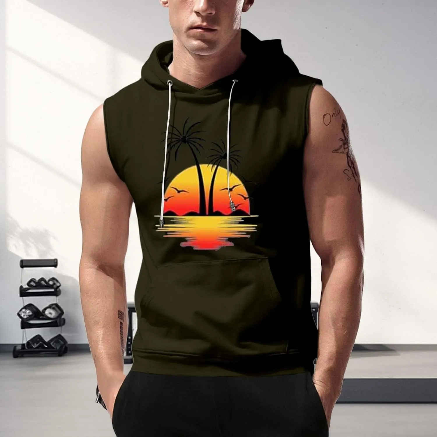 Sleeveless Hoodies for Men Palm Tree Print Hooded Tank Tops Summer Beach Muscle Shirts Causalhawaiian Gym Workout Tee