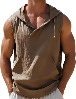Sleeveless Hoodies for Men Summer Cotton Linen Tank Tops Hooded Hawaiian Beach Muscle Shirts Casual Lightweight Shirt