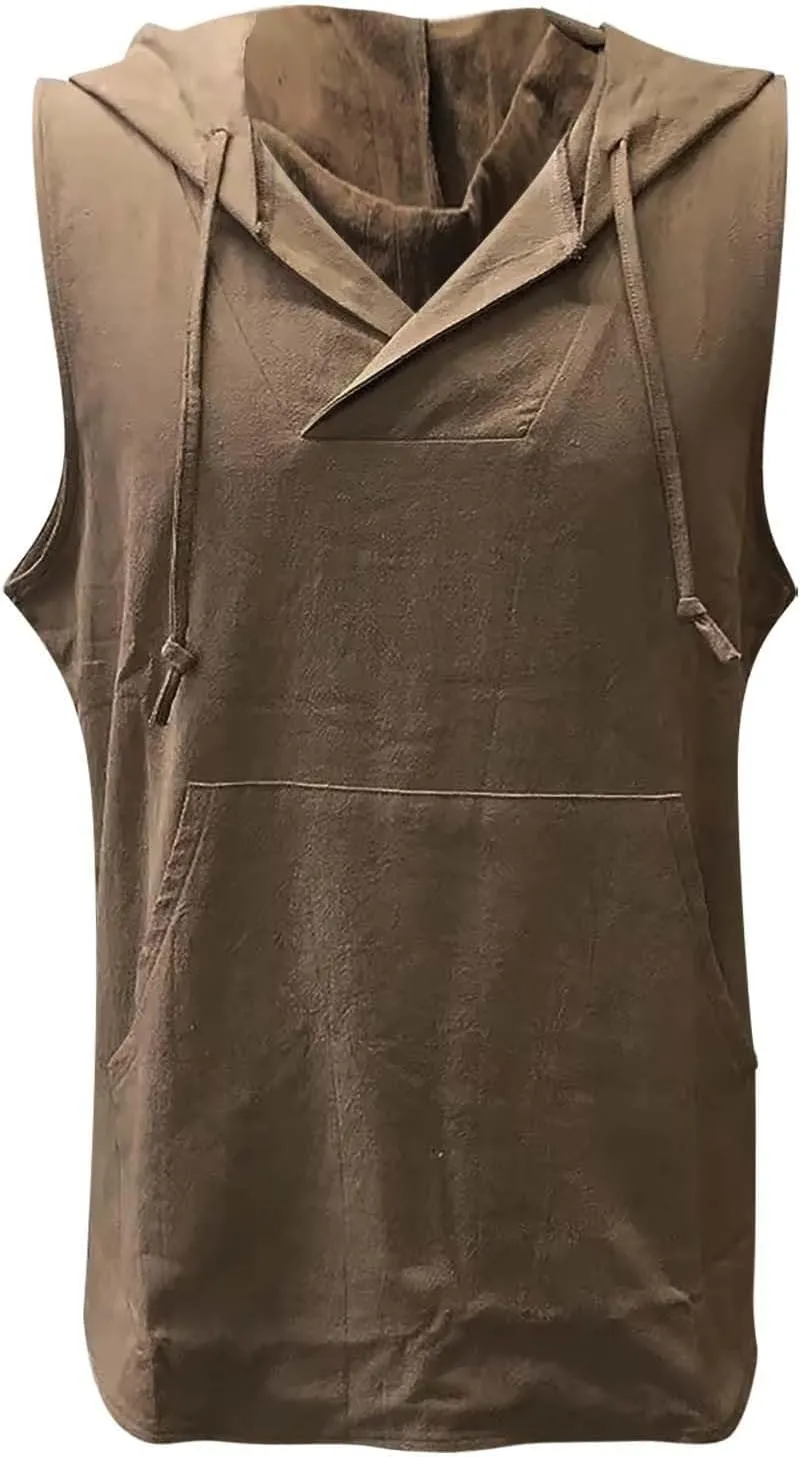 Sleeveless Hoodies for Men Summer Cotton Linen Tank Tops Hooded Hawaiian Beach Muscle Shirts Casual Lightweight Shirt