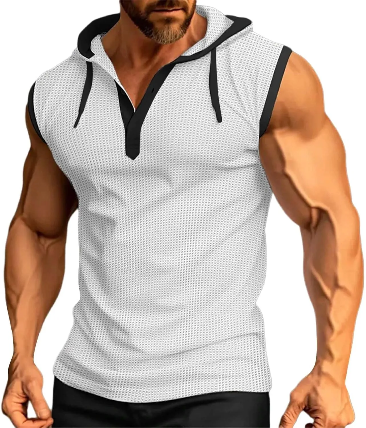 Sleeveless Hoodies for Men Waffle Tank Tops Hoodie Summer Muscle Gym Shirts Bodybuilding Casual Beach Hippie T Shirt