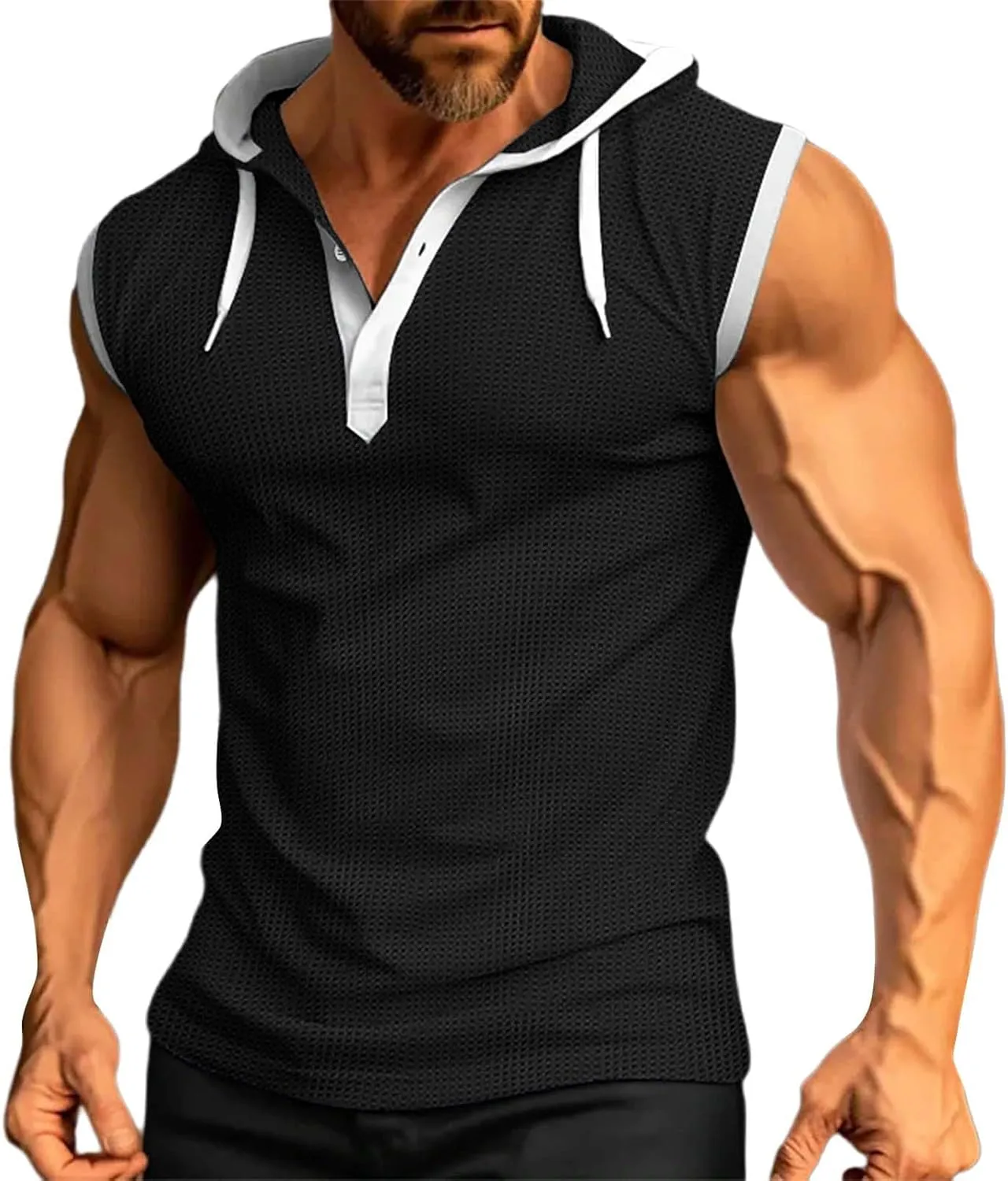 Sleeveless Hoodies for Men Waffle Tank Tops Hoodie Summer Muscle Gym Shirts Bodybuilding Casual Beach Hippie T Shirt