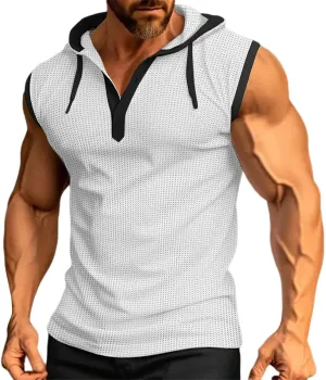 Sleeveless Hoodies for Men Waffle Tank Tops Hoodie Summer Muscle Gym Shirts Bodybuilding Casual Beach Hippie T Shirt