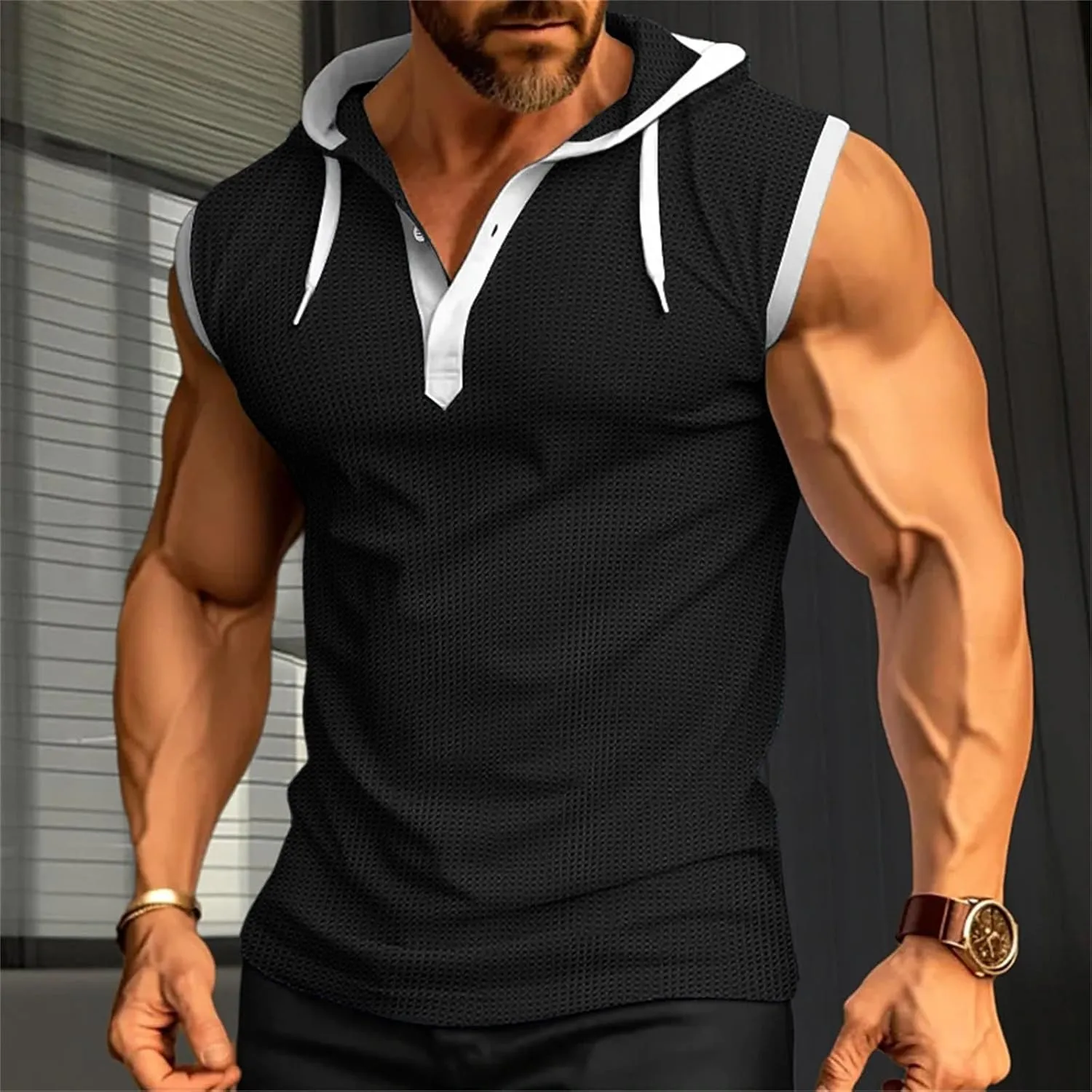 Sleeveless Hoodies for Men Waffle Tank Tops Hoodie Summer Muscle Gym Shirts Bodybuilding Casual Beach Hippie T Shirt