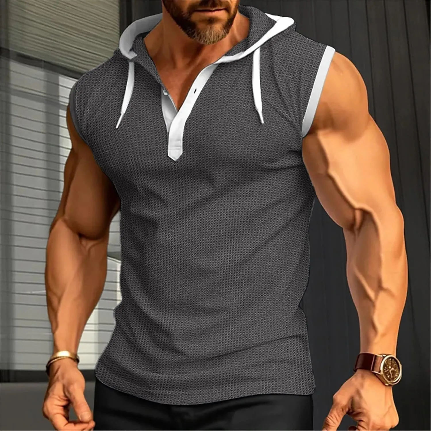Sleeveless Hoodies for Men Waffle Tank Tops Hoodie Summer Muscle Gym Shirts Bodybuilding Casual Beach Hippie T Shirt