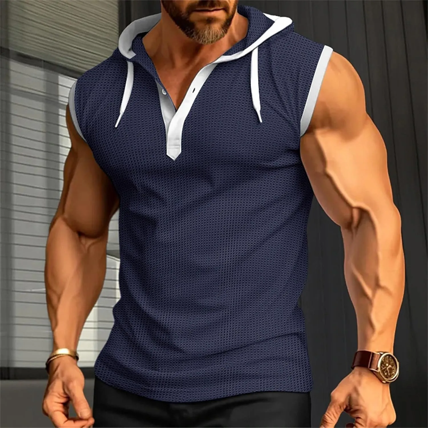 Sleeveless Hoodies for Men Waffle Tank Tops Hoodie Summer Muscle Gym Shirts Bodybuilding Casual Beach Hippie T Shirt