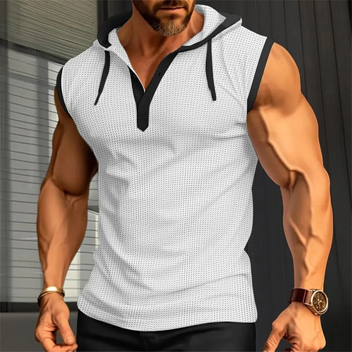 Sleeveless Hoodies for Men Waffle Tank Tops Hoodie Summer Muscle Gym Shirts Bodybuilding Casual Beach Hippie T Shirt