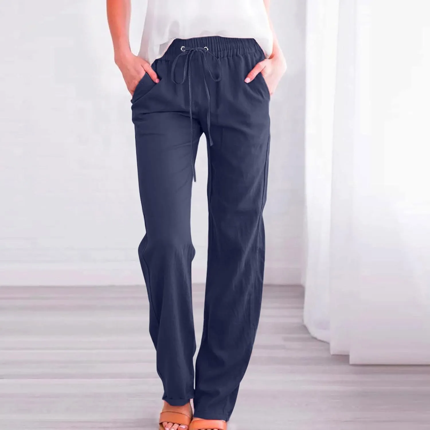 SMIDOW Womens Casual Straight Leg Pants Drawstring Elastic High Waisted Cotton Linen Pant Lounge Trousers Relax Fit