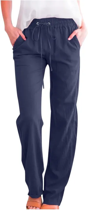 SMIDOW Womens Casual Straight Leg Pants Drawstring Elastic High Waisted Cotton Linen Pant Lounge Trousers Relax Fit