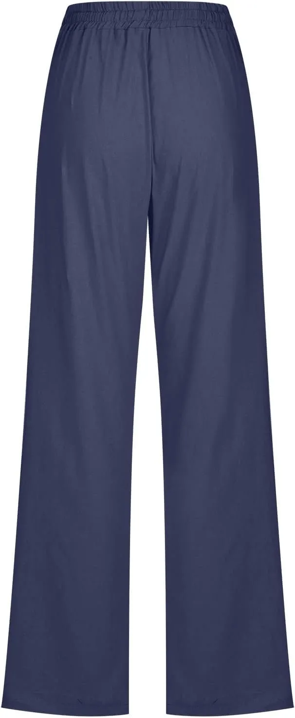 SMIDOW Womens Casual Straight Leg Pants Drawstring Elastic High Waisted Cotton Linen Pant Lounge Trousers Relax Fit