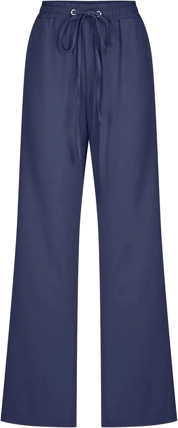 SMIDOW Womens Casual Straight Leg Pants Drawstring Elastic High Waisted Cotton Linen Pant Lounge Trousers Relax Fit