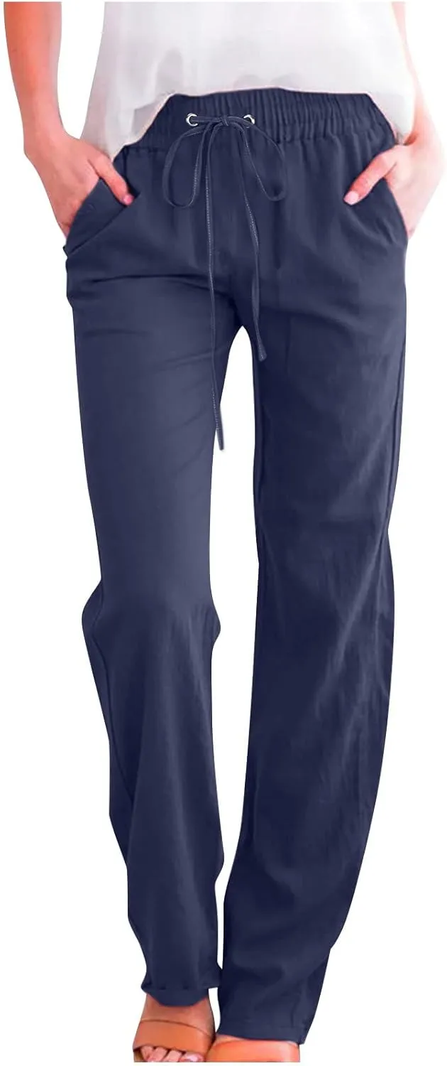 SMIDOW Womens Casual Straight Leg Pants Drawstring Elastic High Waisted Cotton Linen Pant Lounge Trousers Relax Fit