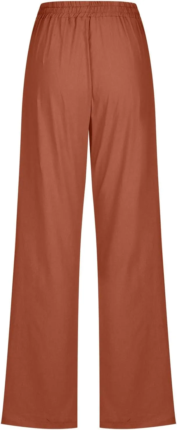 SMIDOW Womens Casual Straight Leg Pants Drawstring Elastic High Waisted Cotton Linen Pant Lounge Trousers Relax Fit