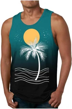 Stylish Palm Tank Tops Men's Vintage Shirts Sleeveless Summer Vacation Pullover Basic Tees Casual Workout Gym T-Shirt