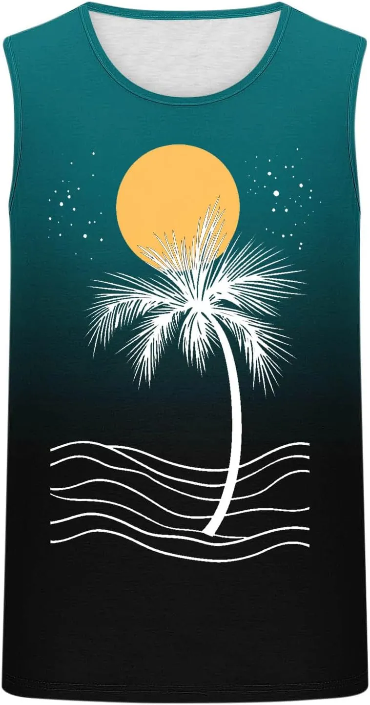 Stylish Palm Tank Tops Men's Vintage Shirts Sleeveless Summer Vacation Pullover Basic Tees Casual Workout Gym T-Shirt