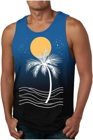 Stylish Palm Tank Tops Men's Vintage Shirts Sleeveless Summer Vacation Pullover Basic Tees Casual Workout Gym T-Shirt