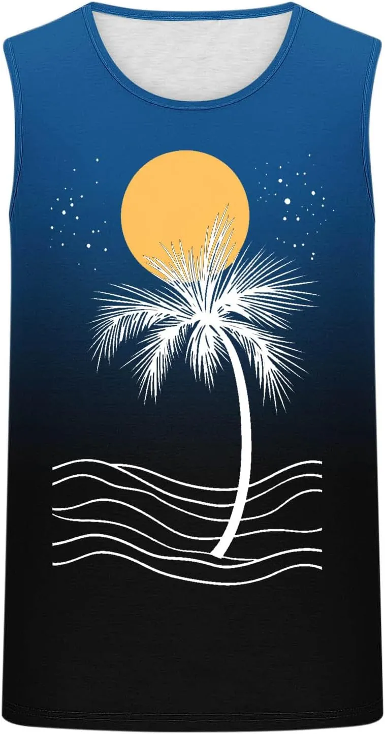 Stylish Palm Tank Tops Men's Vintage Shirts Sleeveless Summer Vacation Pullover Basic Tees Casual Workout Gym T-Shirt