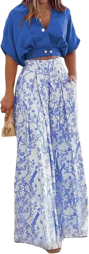 Summer 2 Piece Sets for Women Dressy Short Sleeve V Neck Tops Floral Print Wide Leg Pants Lounge Sets