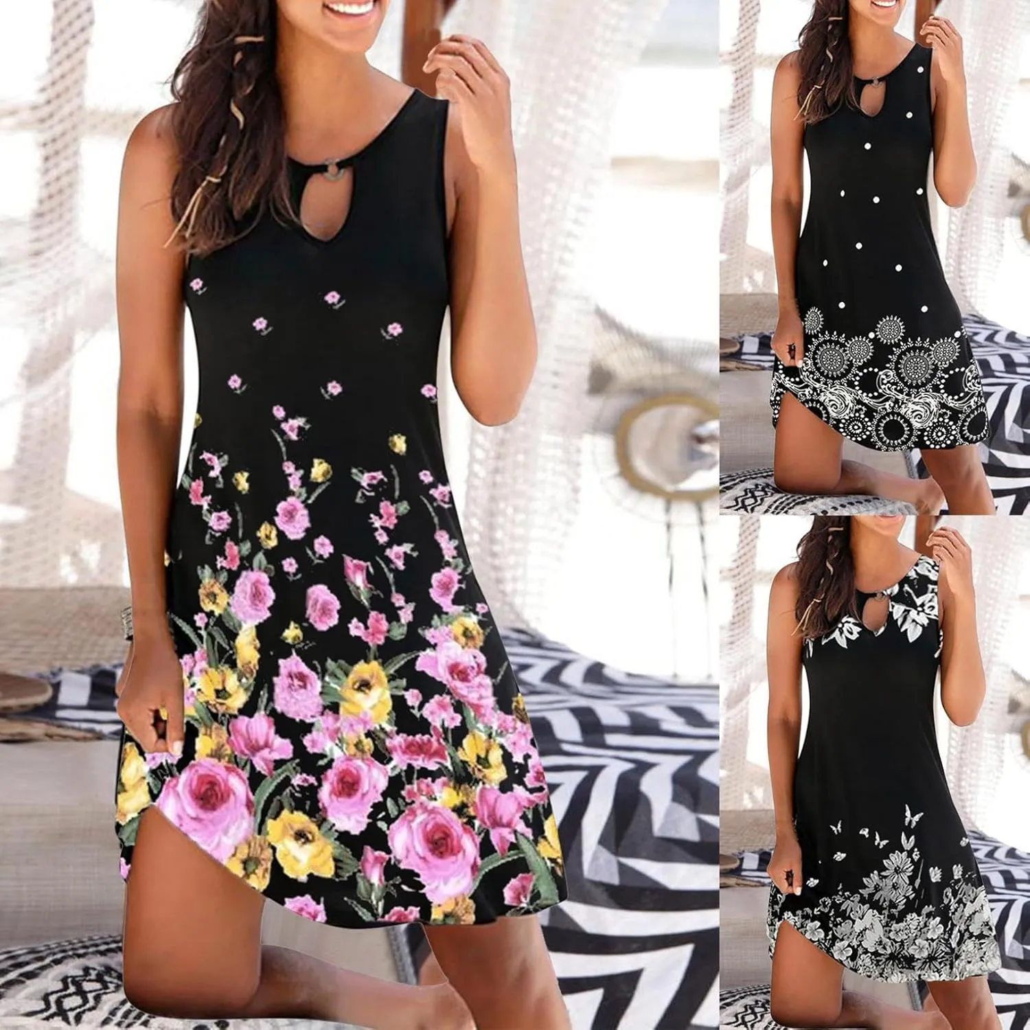 Summer Dresses for Women 2024 Casual Floral Printed Beach Dresses Loose Flow Midi Dress Sleeveless Tank Sun Dress
