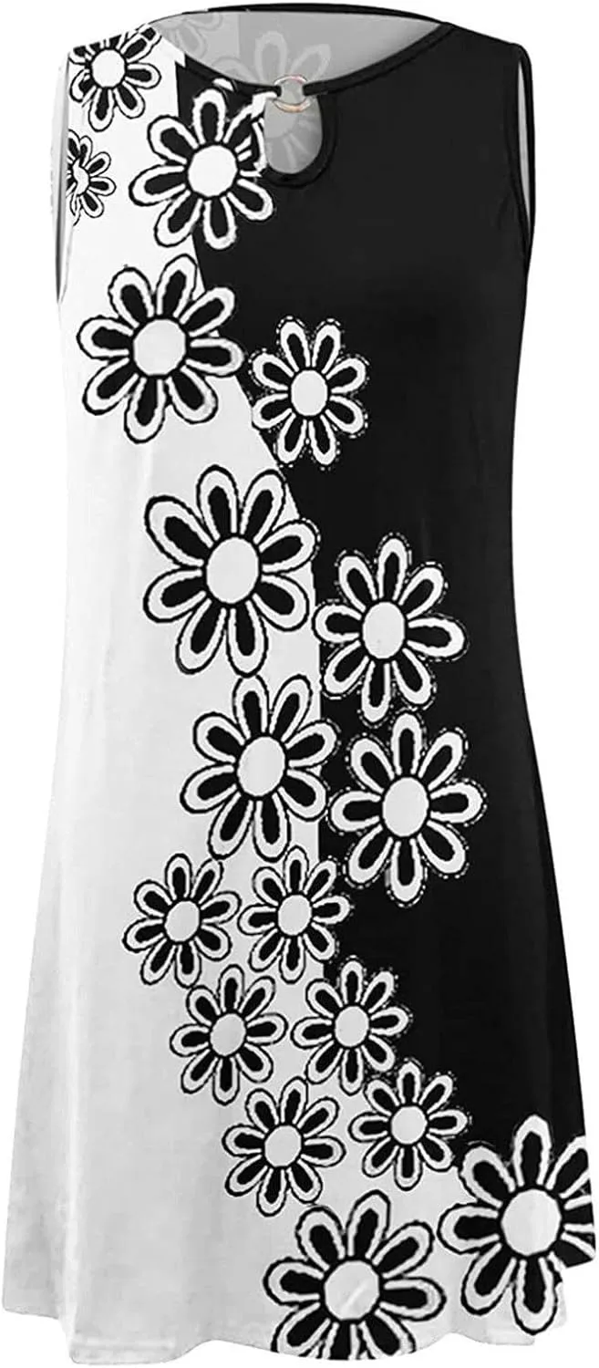 Summer Dresses for Women 2024 Casual Floral Printed Beach Dresses Loose Flow Midi Dress Sleeveless Tank Sun Dress