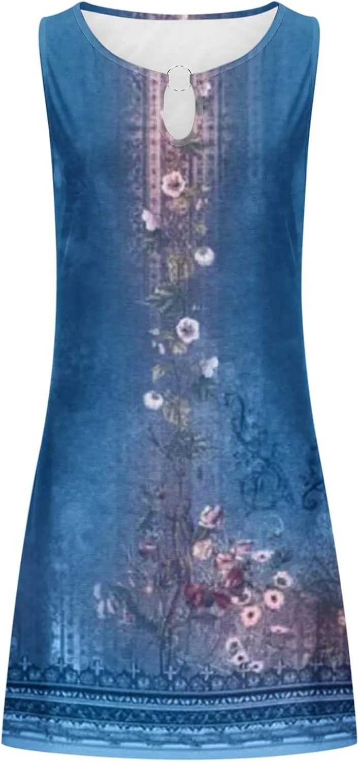 Summer Dresses for Women 2024 Casual Floral Printed Beach Dresses Loose Flow Midi Dress Sleeveless Tank Sun Dress