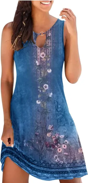Summer Dresses for Women 2024 Casual Floral Printed Beach Dresses Loose Flow Midi Dress Sleeveless Tank Sun Dress