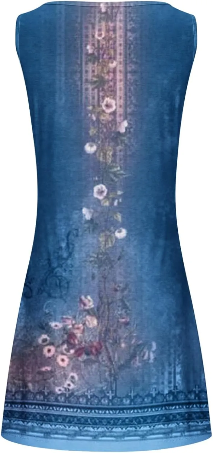 Summer Dresses for Women 2024 Casual Floral Printed Beach Dresses Loose Flow Midi Dress Sleeveless Tank Sun Dress