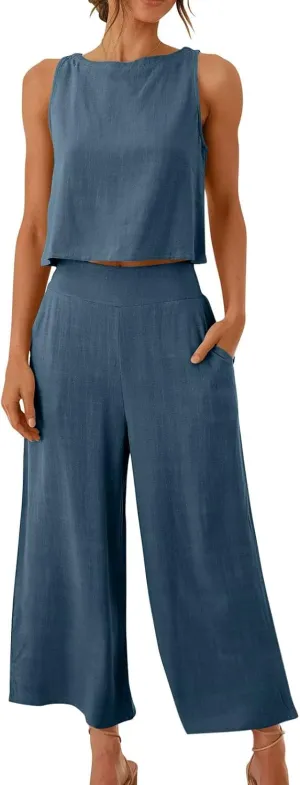 Summer Vacation 2 Piece Outfits For Women 2024 Sleeveless Crop Top Capri Wide Leg Pants Matching Lounge Set Linen Sets