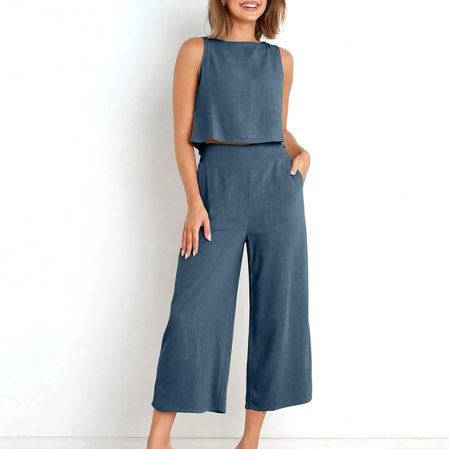 Summer Vacation 2 Piece Outfits For Women 2024 Sleeveless Crop Top Capri Wide Leg Pants Matching Lounge Set Linen Sets