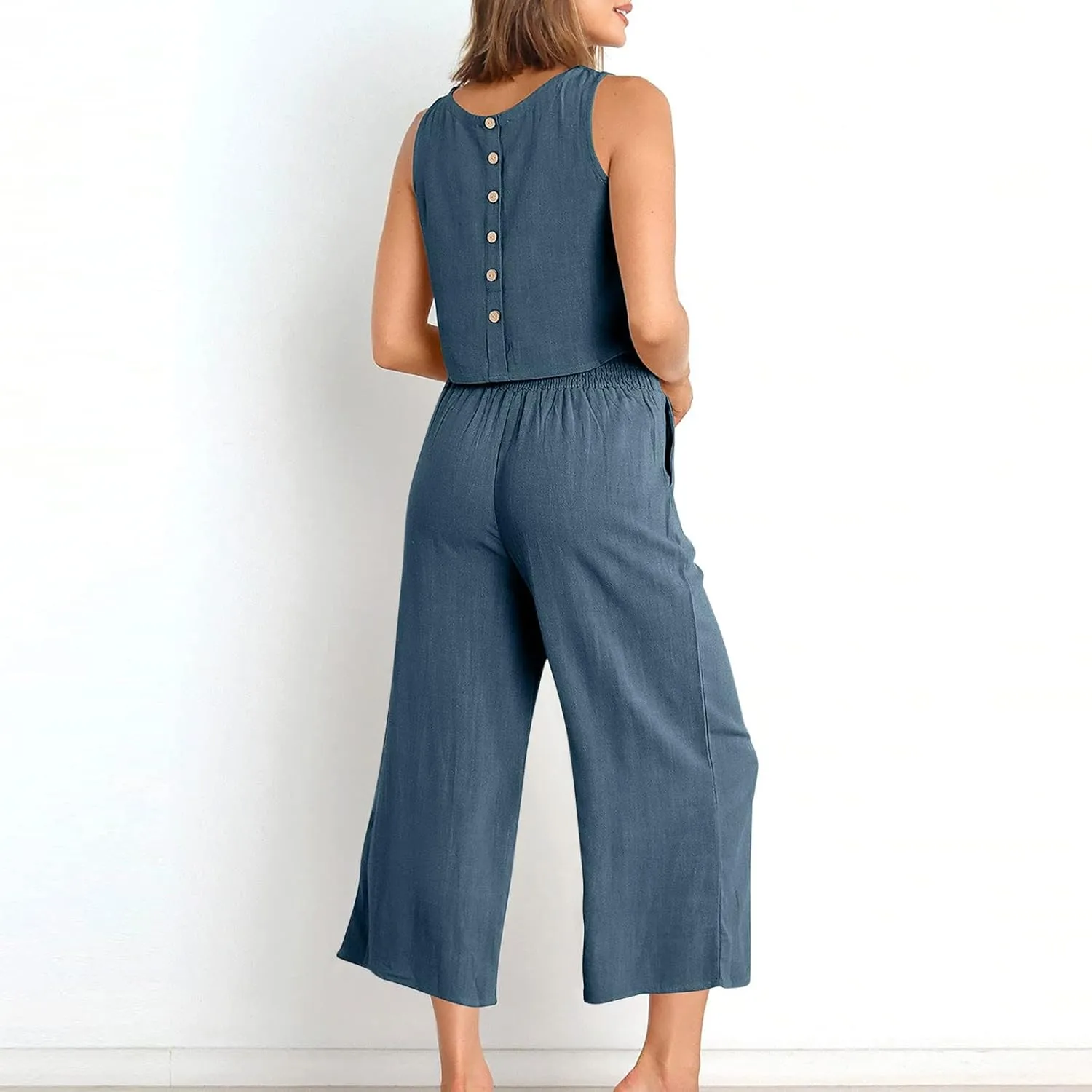 Summer Vacation 2 Piece Outfits For Women 2024 Sleeveless Crop Top Capri Wide Leg Pants Matching Lounge Set Linen Sets