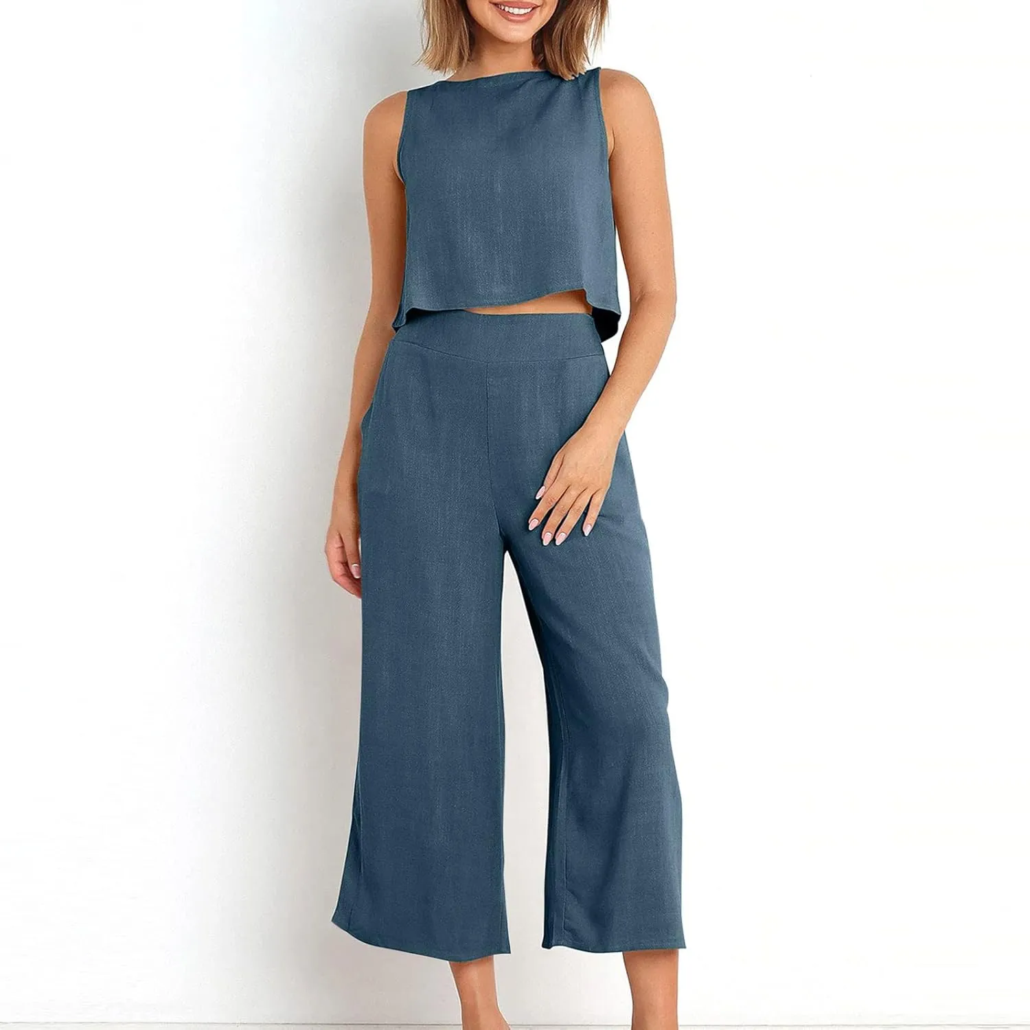 Summer Vacation 2 Piece Outfits For Women 2024 Sleeveless Crop Top Capri Wide Leg Pants Matching Lounge Set Linen Sets