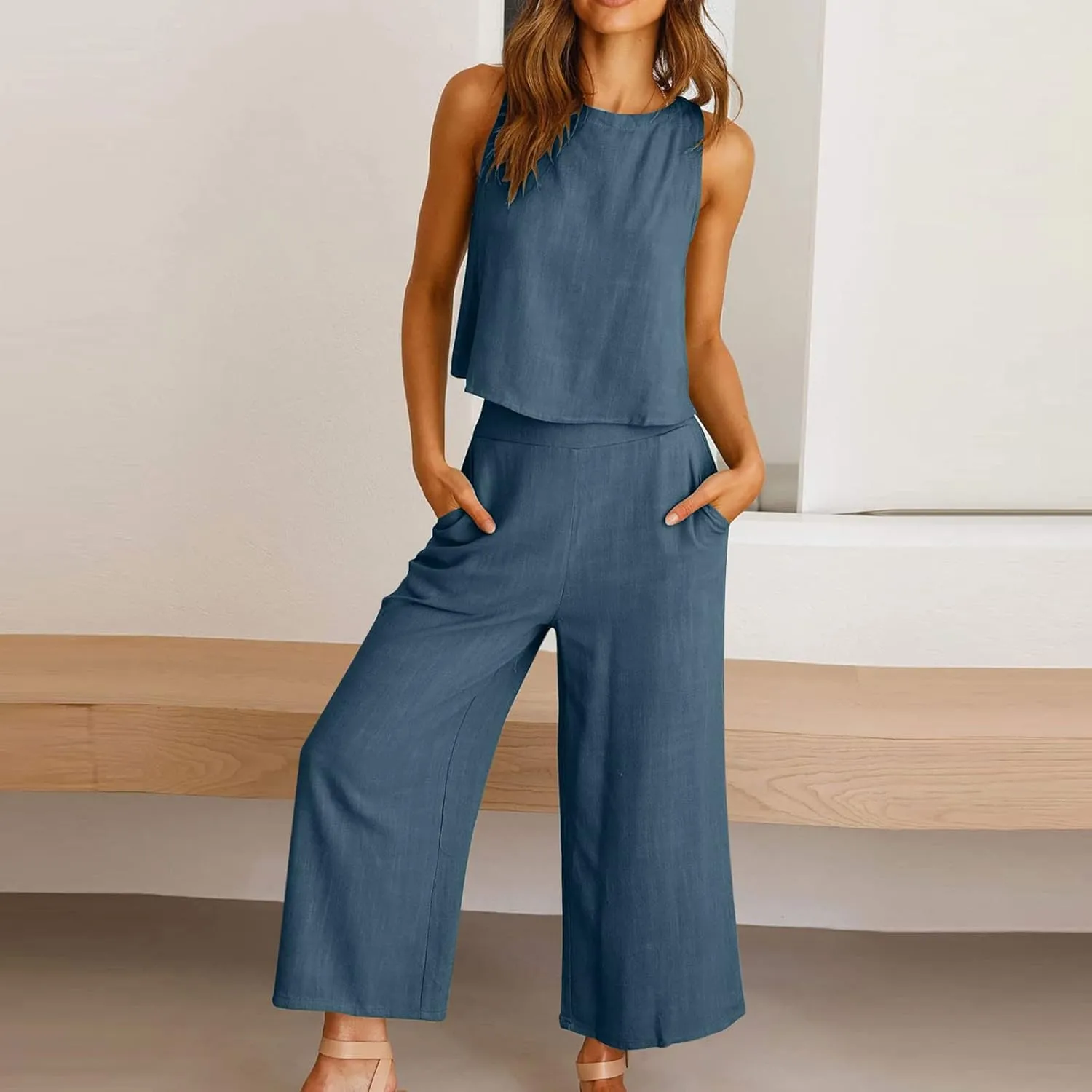 Summer Vacation 2 Piece Outfits For Women 2024 Sleeveless Crop Top Capri Wide Leg Pants Matching Lounge Set Linen Sets