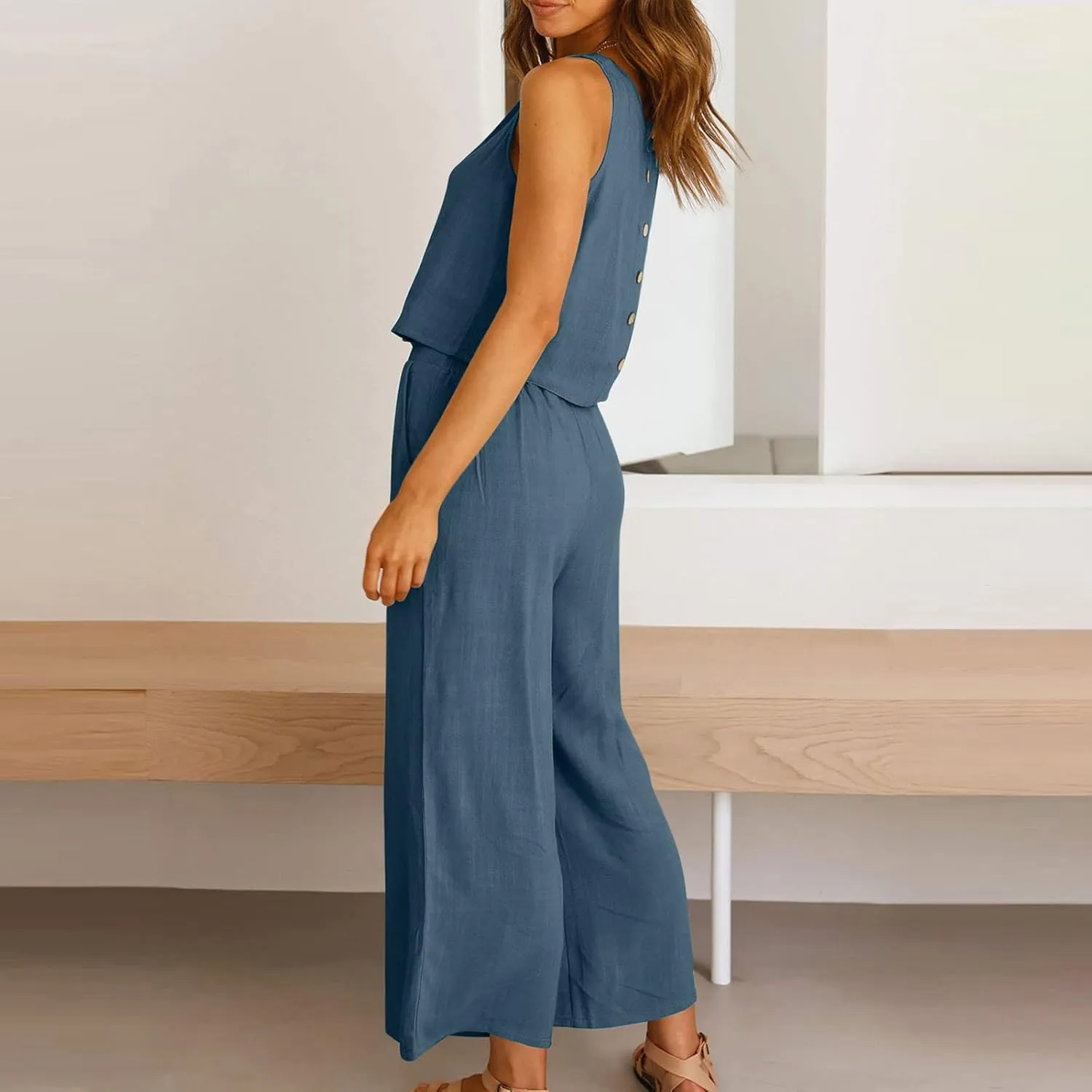 Summer Vacation 2 Piece Outfits For Women 2024 Sleeveless Crop Top Capri Wide Leg Pants Matching Lounge Set Linen Sets