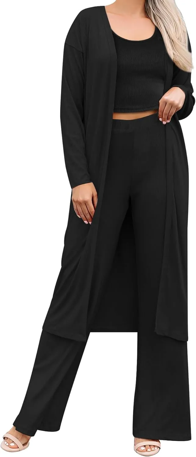 SWOMOG Women's 3 Piece Matching Set Ribbed Knit Lounge Sets Tank Cardigan and Pants Pajamas Loungewear Outfits with Pockets