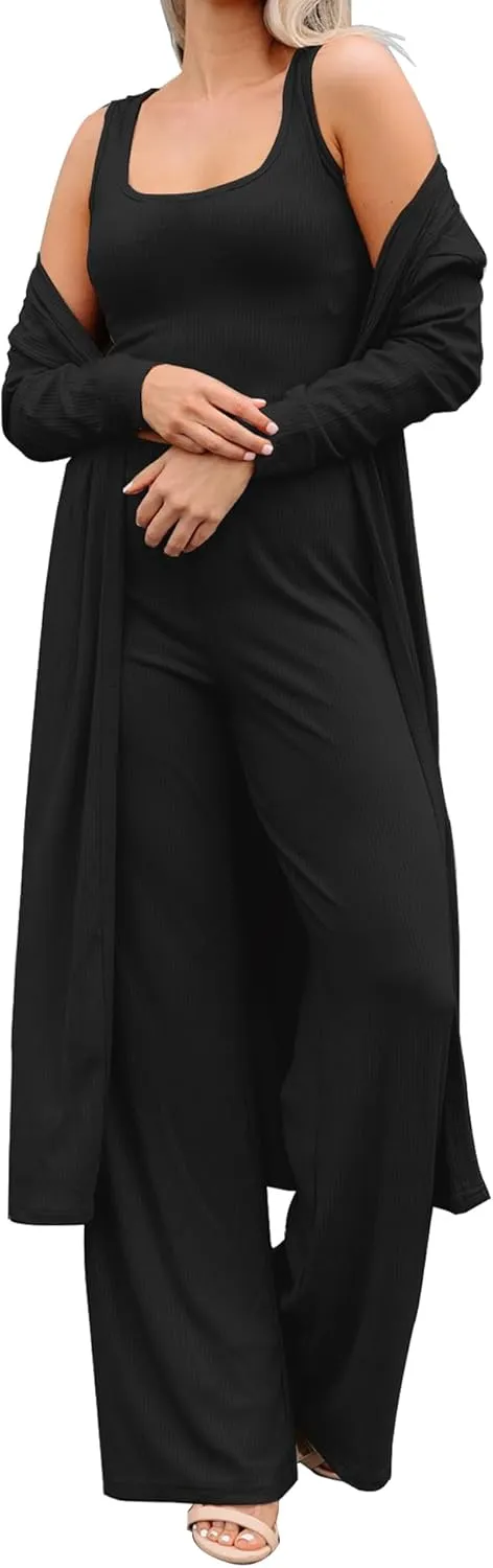 SWOMOG Women's 3 Piece Matching Set Ribbed Knit Lounge Sets Tank Cardigan and Pants Pajamas Loungewear Outfits with Pockets