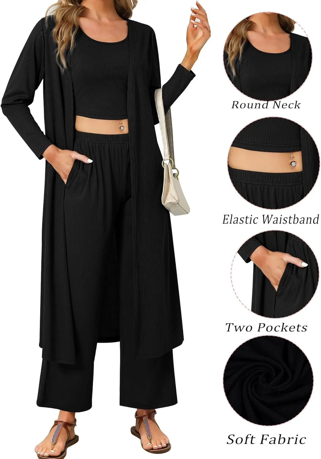 SWOMOG Women's 3 Piece Matching Set Ribbed Knit Lounge Sets Tank Cardigan and Pants Pajamas Loungewear Outfits with Pockets