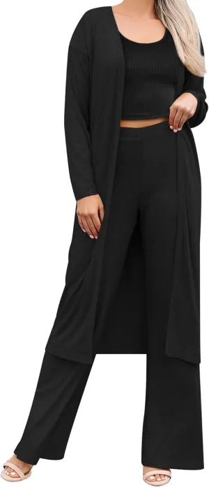 SWOMOG Women's 3 Piece Matching Set Ribbed Knit Lounge Sets Tank Cardigan and Pants Pajamas Loungewear Outfits with Pockets
