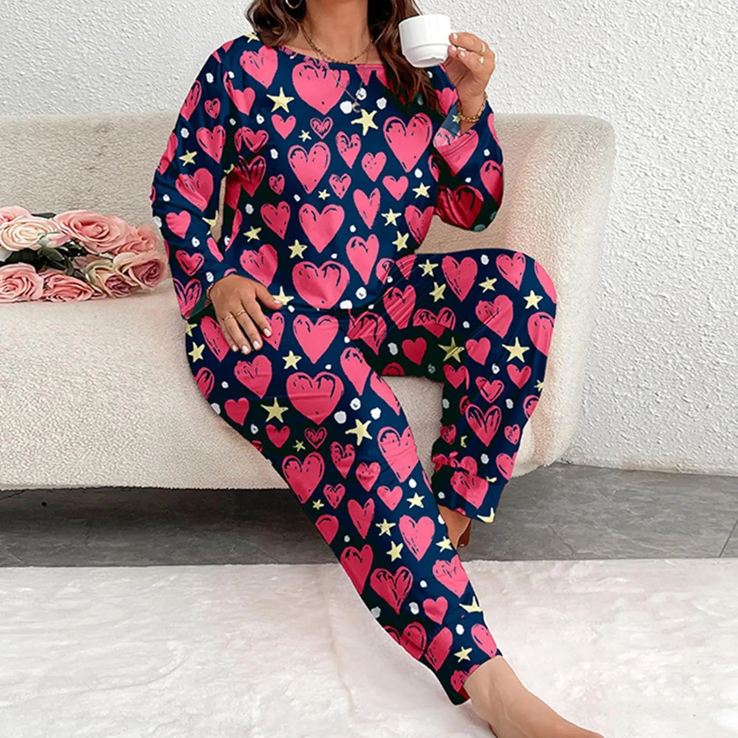 TANGNADE Pjs Sets for Women Plus Size Lounge Sets Travel Clothes Matching Sets Comfy Sleepwear Long Sleeve Loungewear